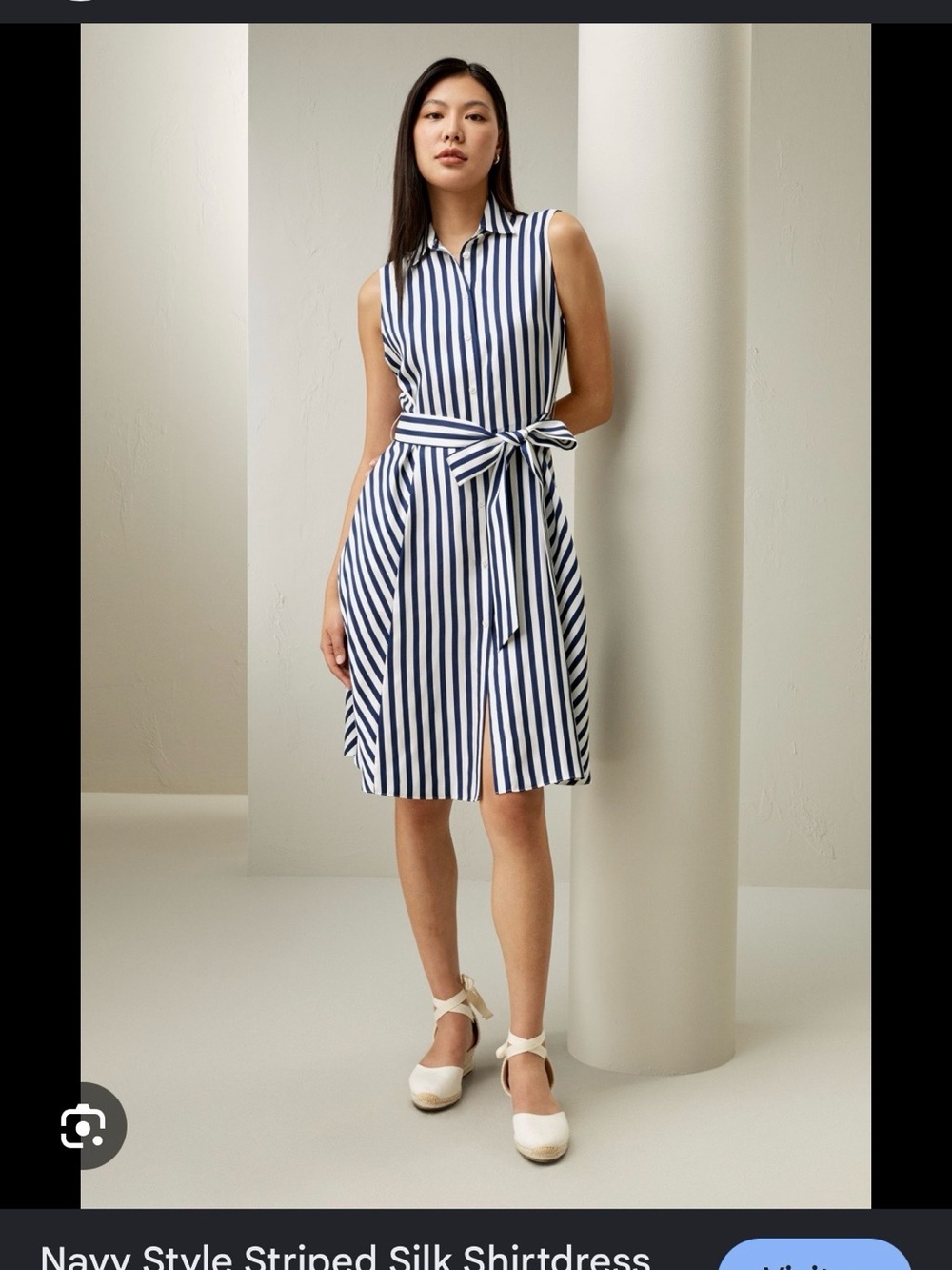 Sleeveless Navy and White Striped Midi Shirt Dress with Tie Waist